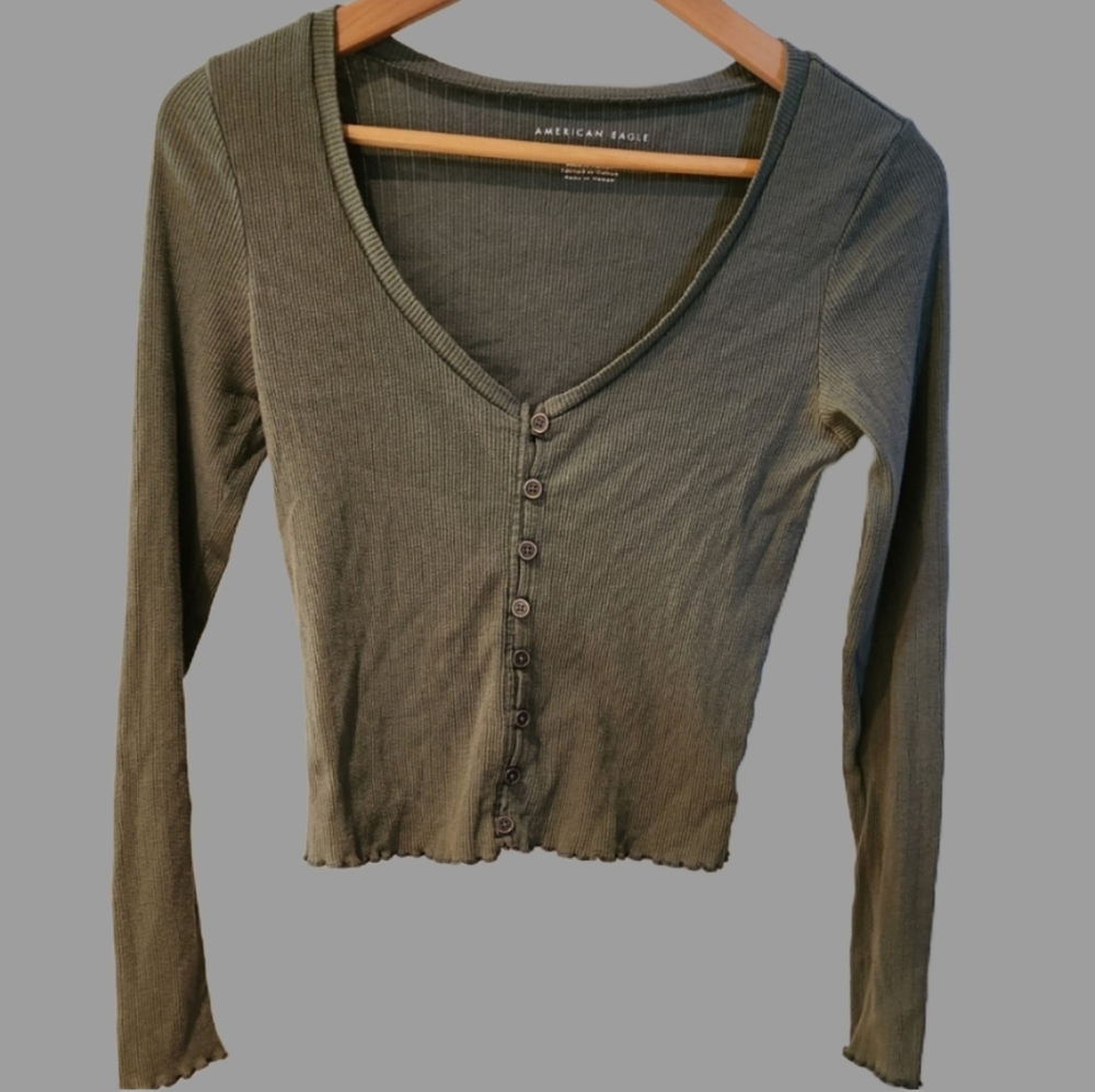 American Eagle Outfitters Women's Olive‎ Green Ribbed Top/light Cardi
